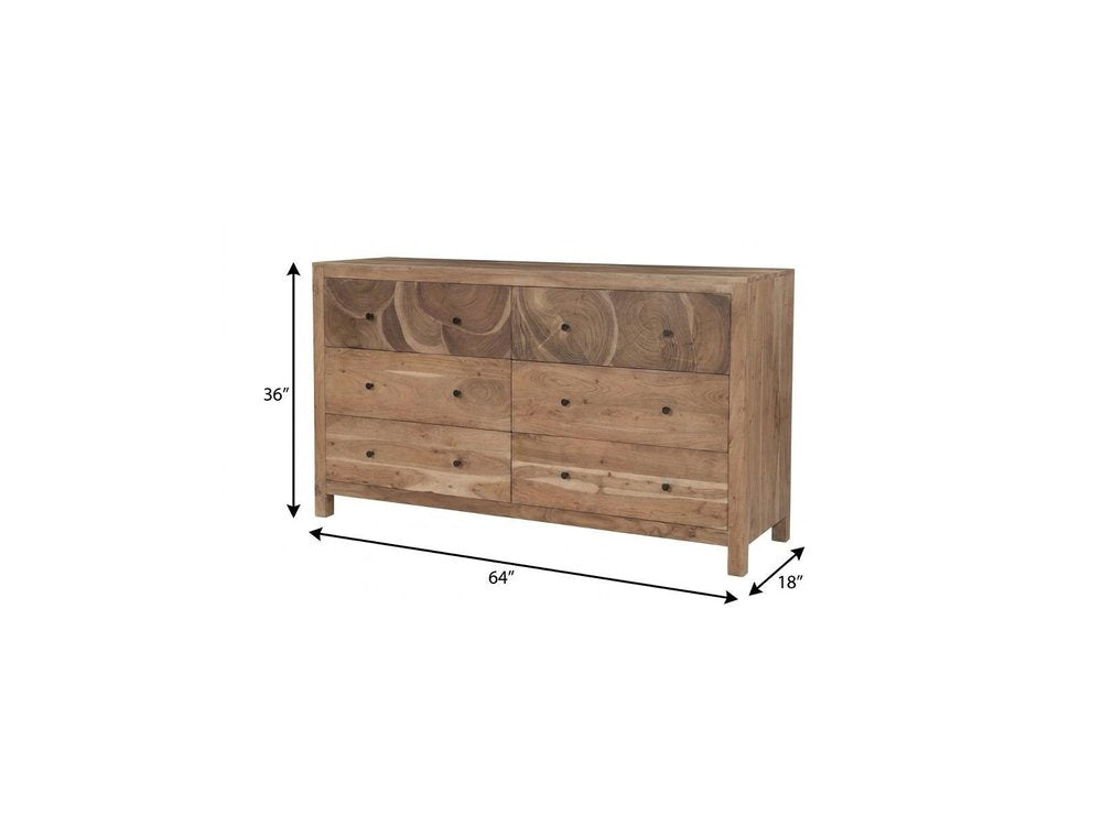 64" Brown Live Edge Solid Wood Six Drawer Double Dresser