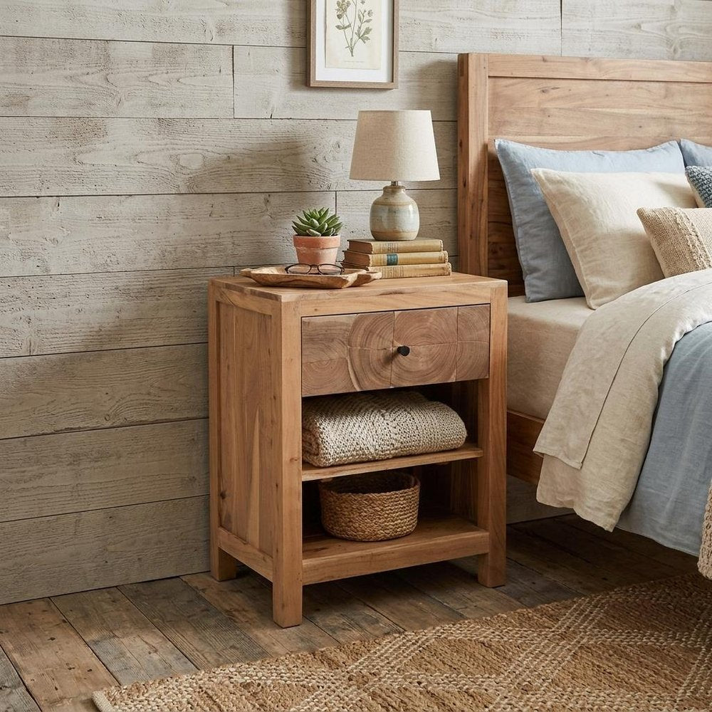 30" Natural Solid Wood Square Live Edge One Drawer Nightstand