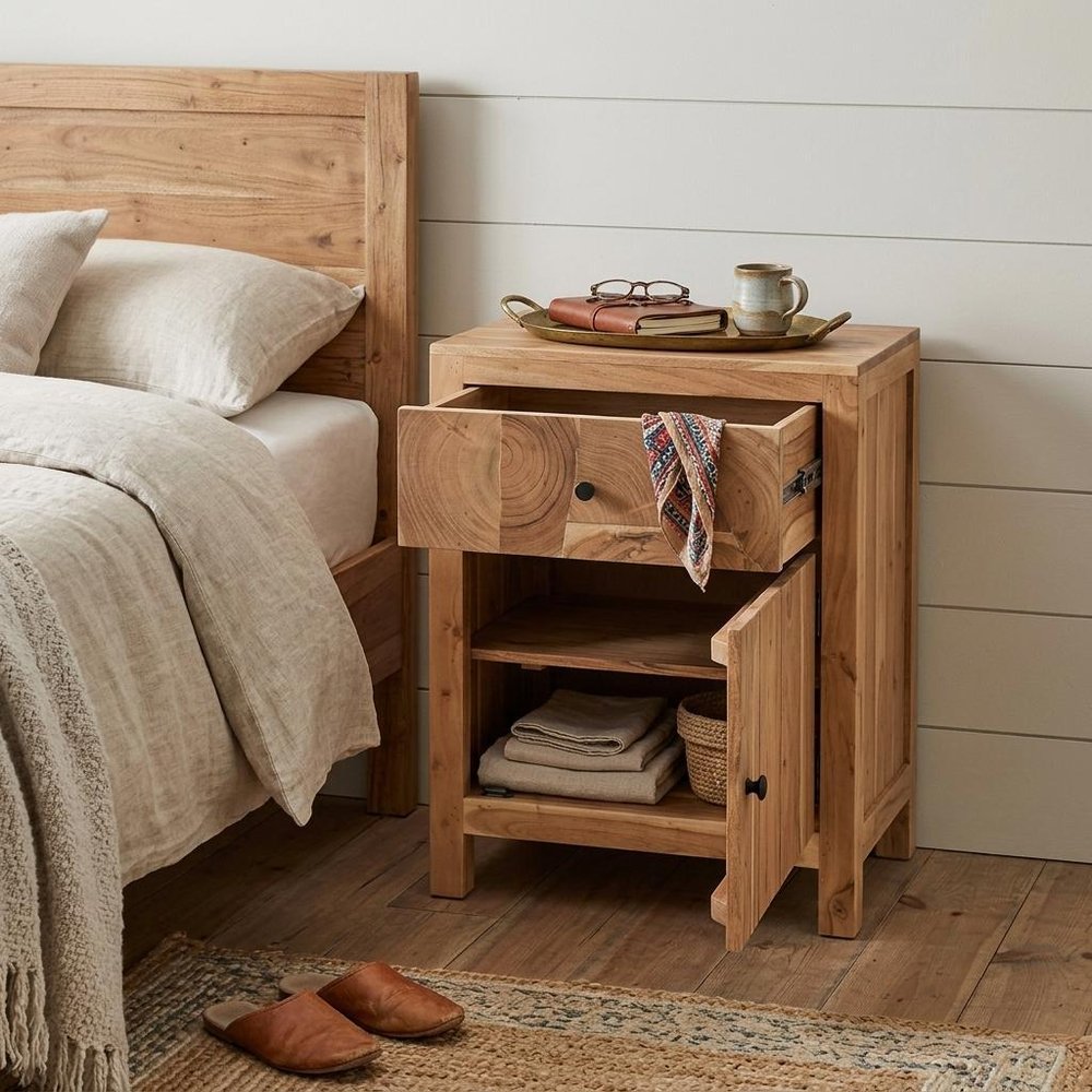 30" Natural Solid Wood Square One Drawer Nightstand