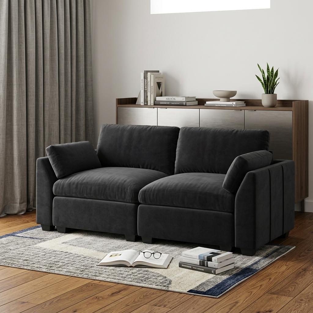 75" Black Velvet Modular Loveseat