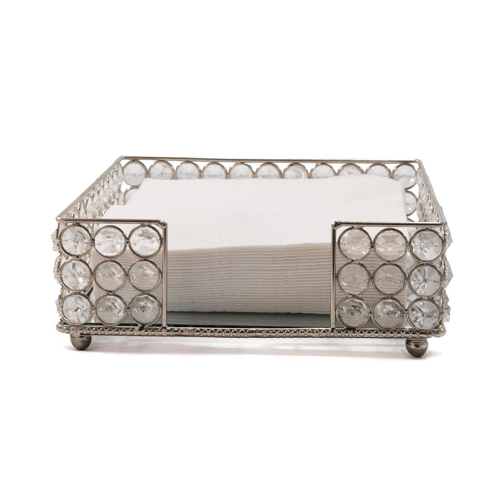 8" Silver Iron And Crystal Square Napkin Holder