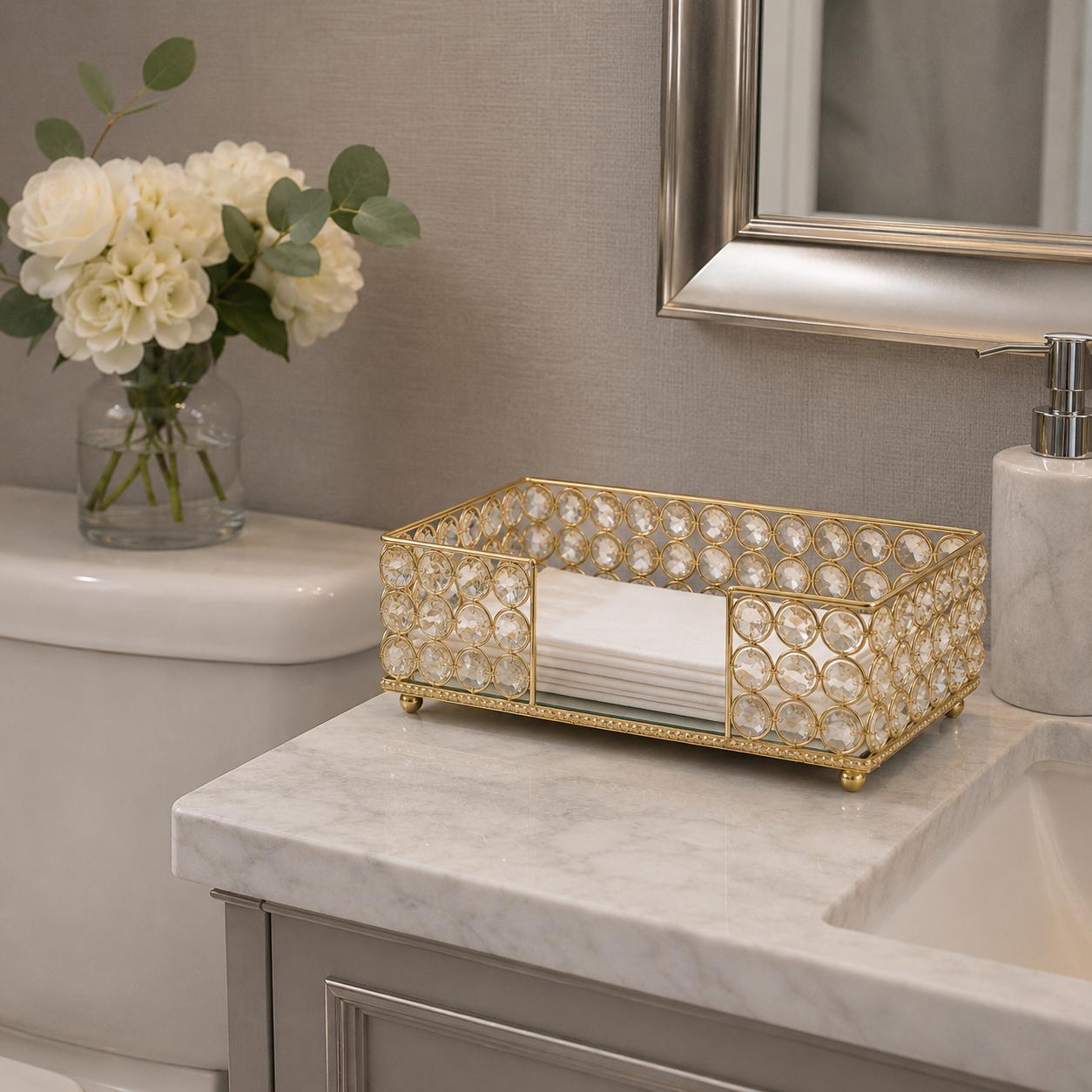 10" Gold Iron And Crystal Rectangular Napkin Holder