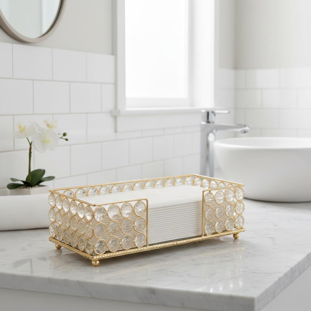 10" Gold Iron And Crystal Rectangular Napkin Holder