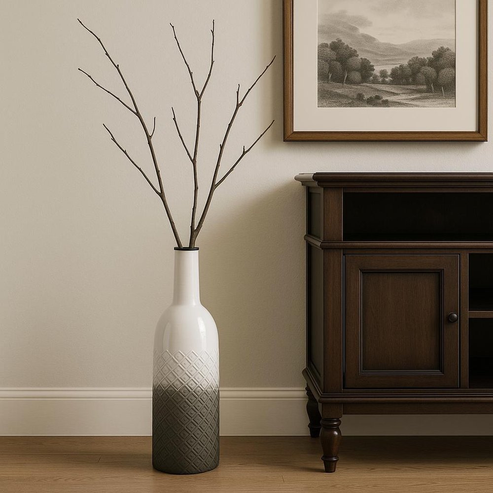 24" White And Gray Ombre Metal Cylinder Floor Vase