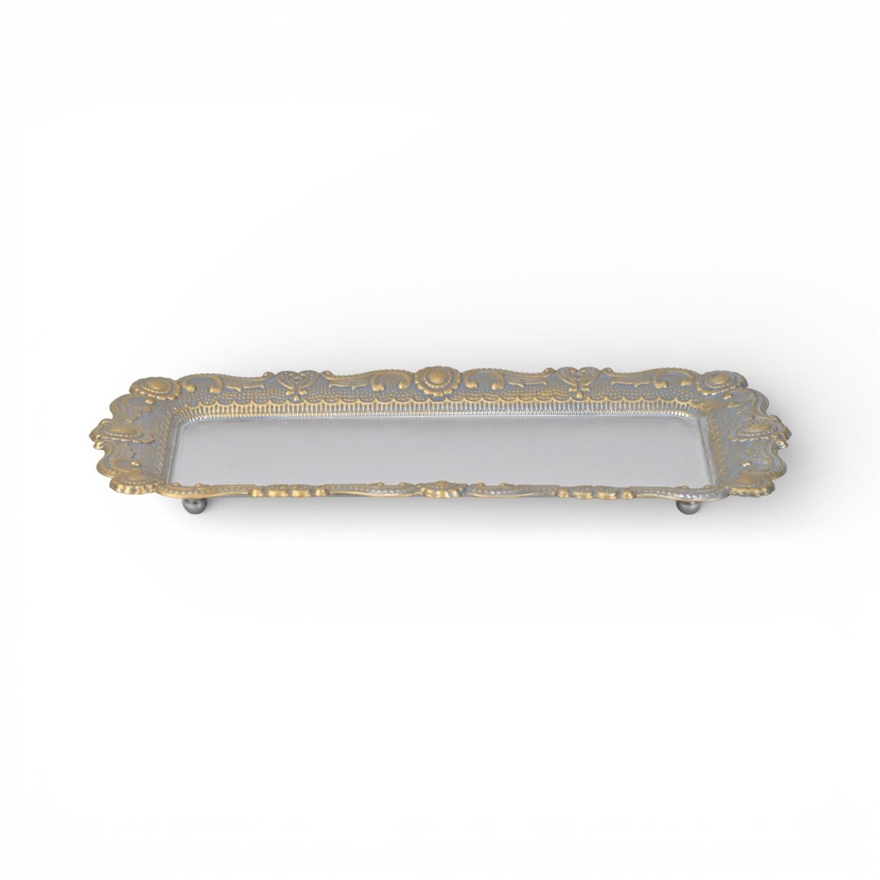 12" Blue Gray Silver And Gold Metal Handmade Trinket Tray