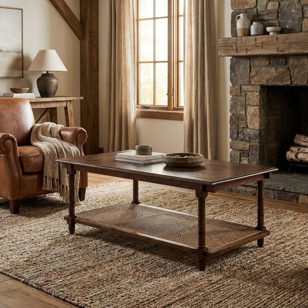 42" Chestnut Solid Wood and Rattan Coffee Table