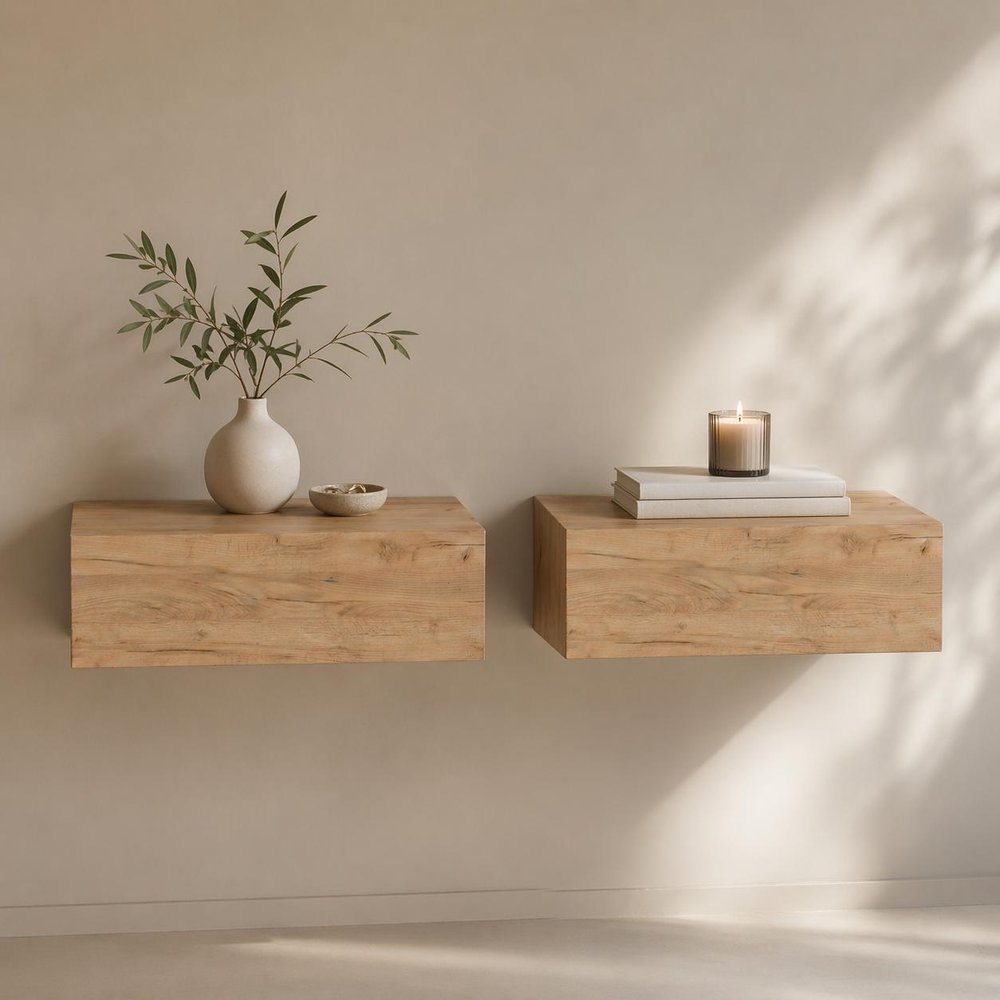 Set of Two 16" Oak Wood One Drawer Floating Nightstand
