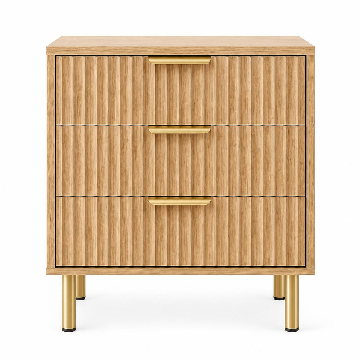 24" Oak Wood Ribbed Texture Three Drawer Nightstand