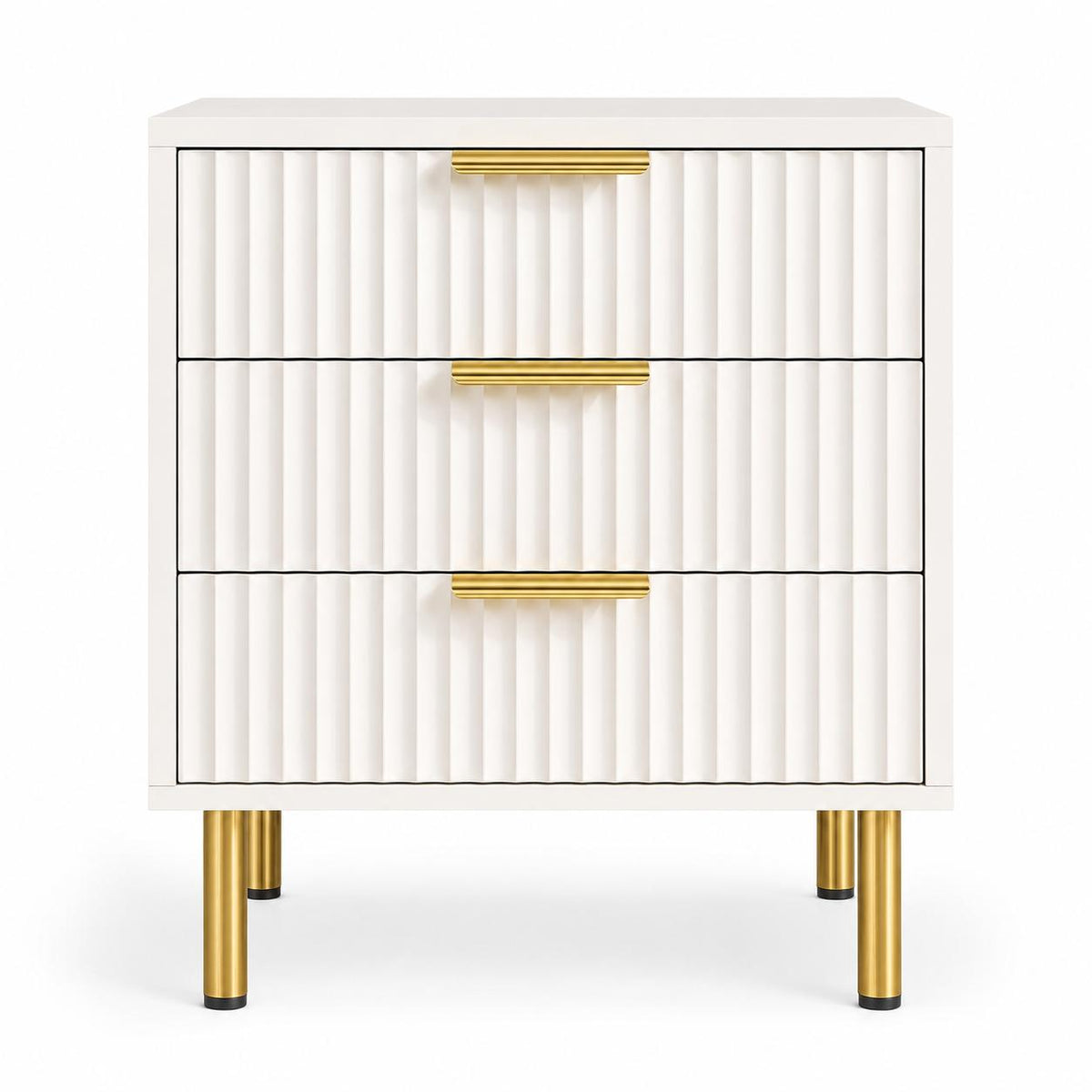24" White Wood Ribbed Texture Three Drawer Nightstand