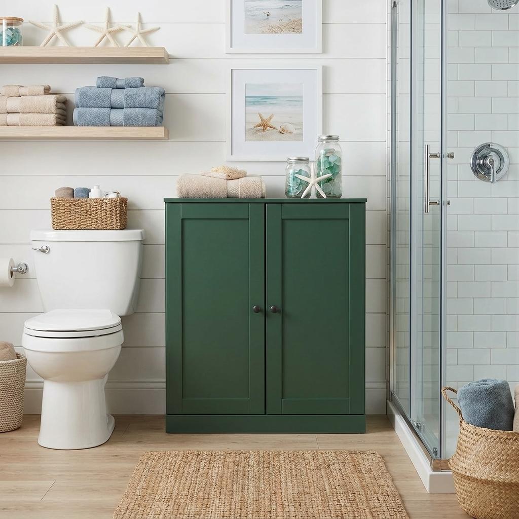 32" Green Solid Wood Shaker Style Double Door Linen Cabinet