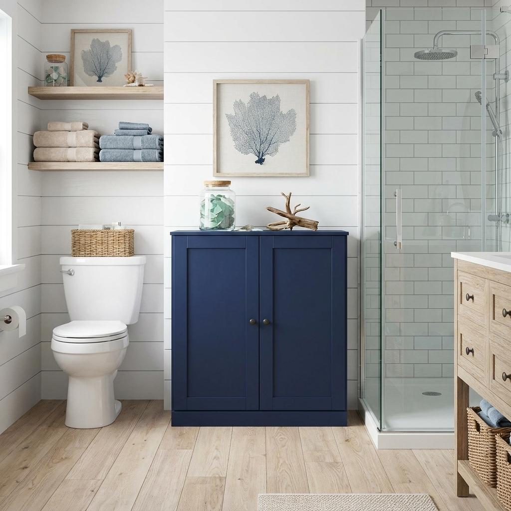 32" Navy Blue Solid Wood Shaker Style Double Door Linen Cabinet
