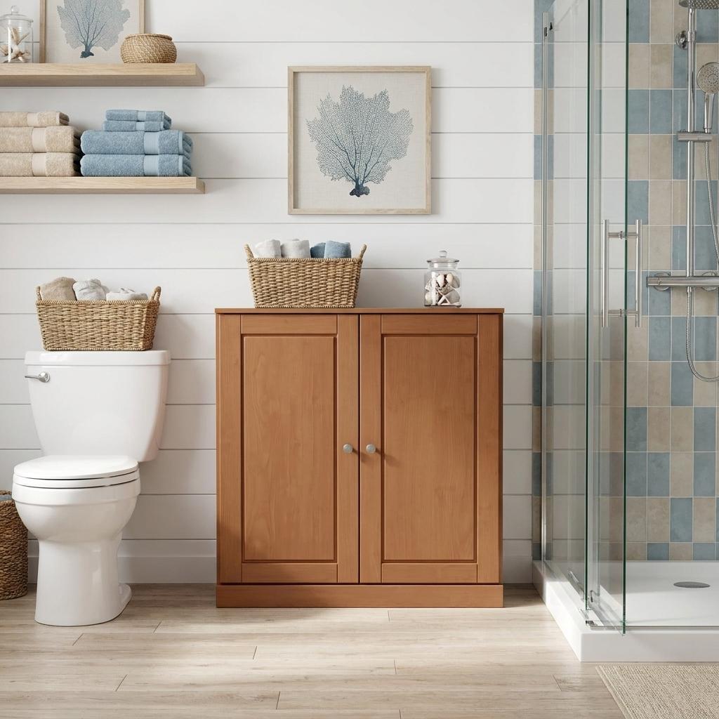 32" Coffee Solid Wood Raised Panel Double Door Linen Cabinet