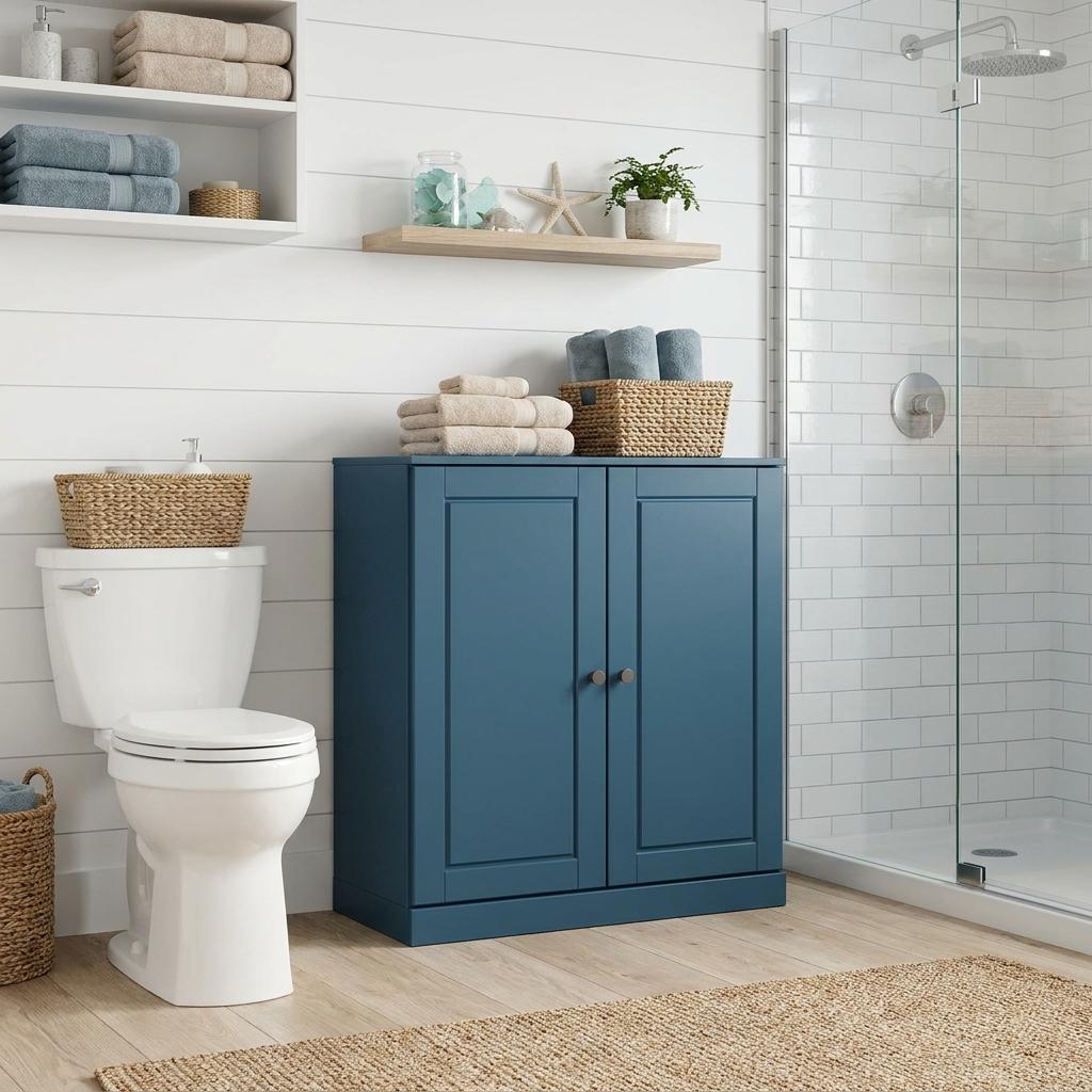 32" Teal Blue Solid Wood Raised Panel Double Door Linen Cabinet
