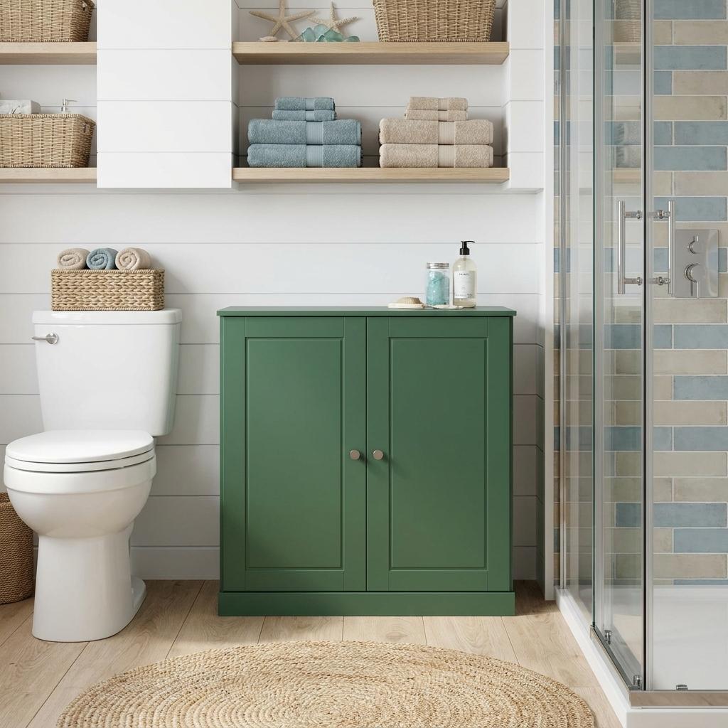 32" Green Solid Wood Raised Panel Double Door Linen Cabinet