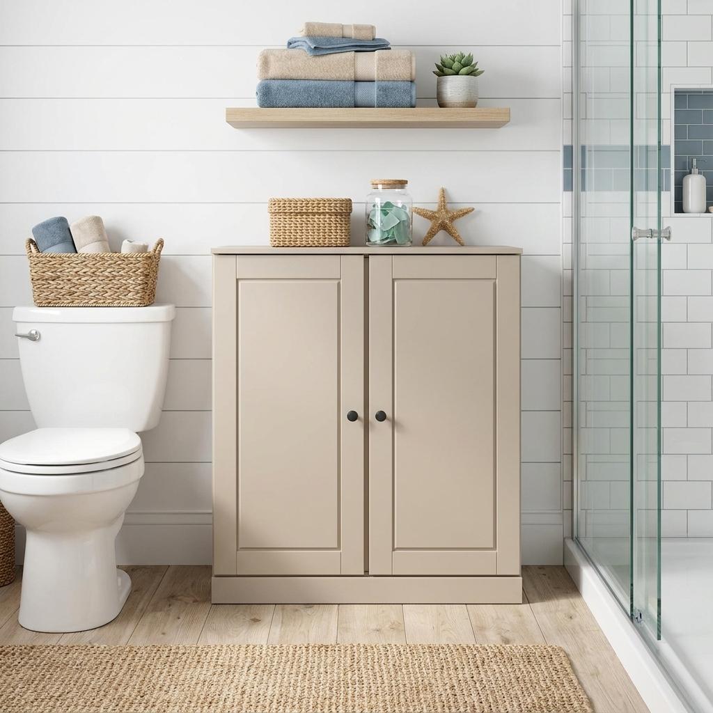 32" Beige Solid Wood Raised Panel Double Door Linen Cabinet