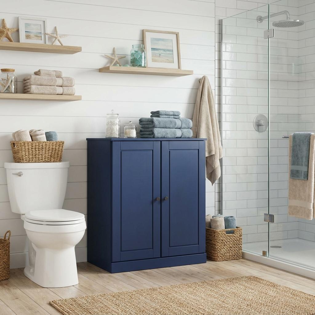 32" Navy Blue Solid Wood Raised Panel Double Door Linen Cabinet