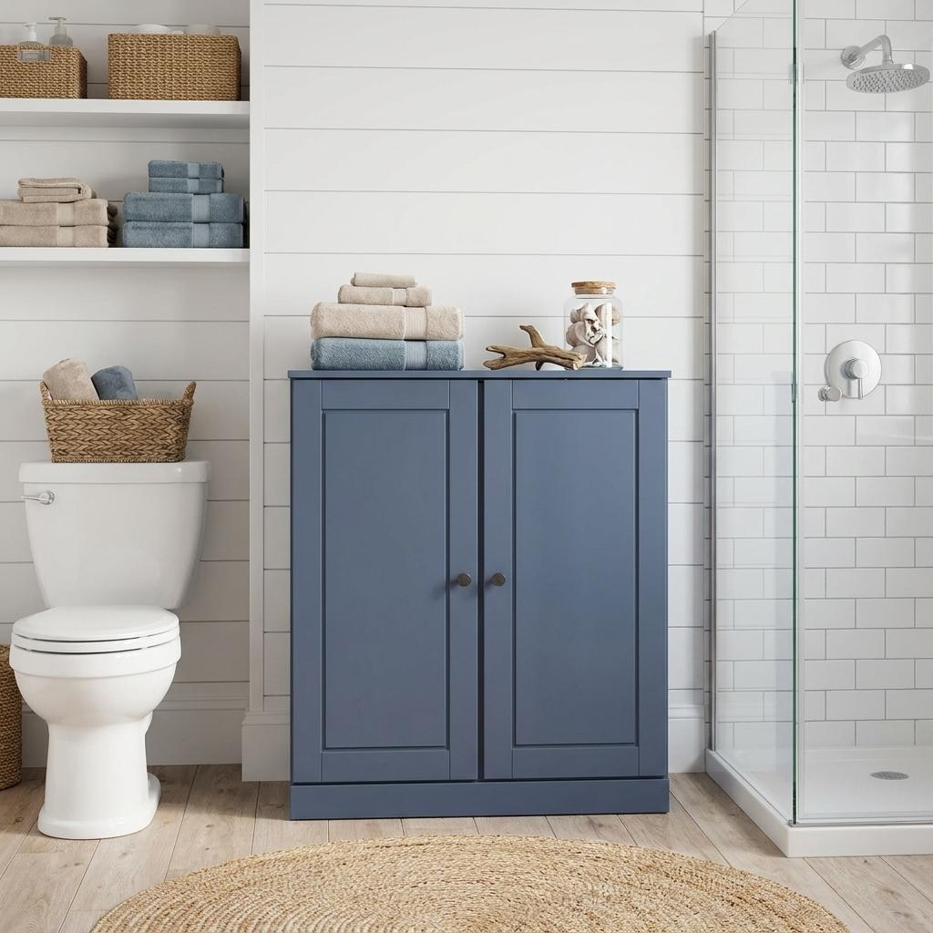 32" French Blue Solid Wood Raised Panel Double Door Linen Cabinet