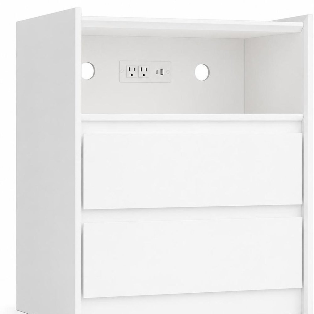 24" White Wood Two Drawer Nightstand with USB Port and Integrated Tech
