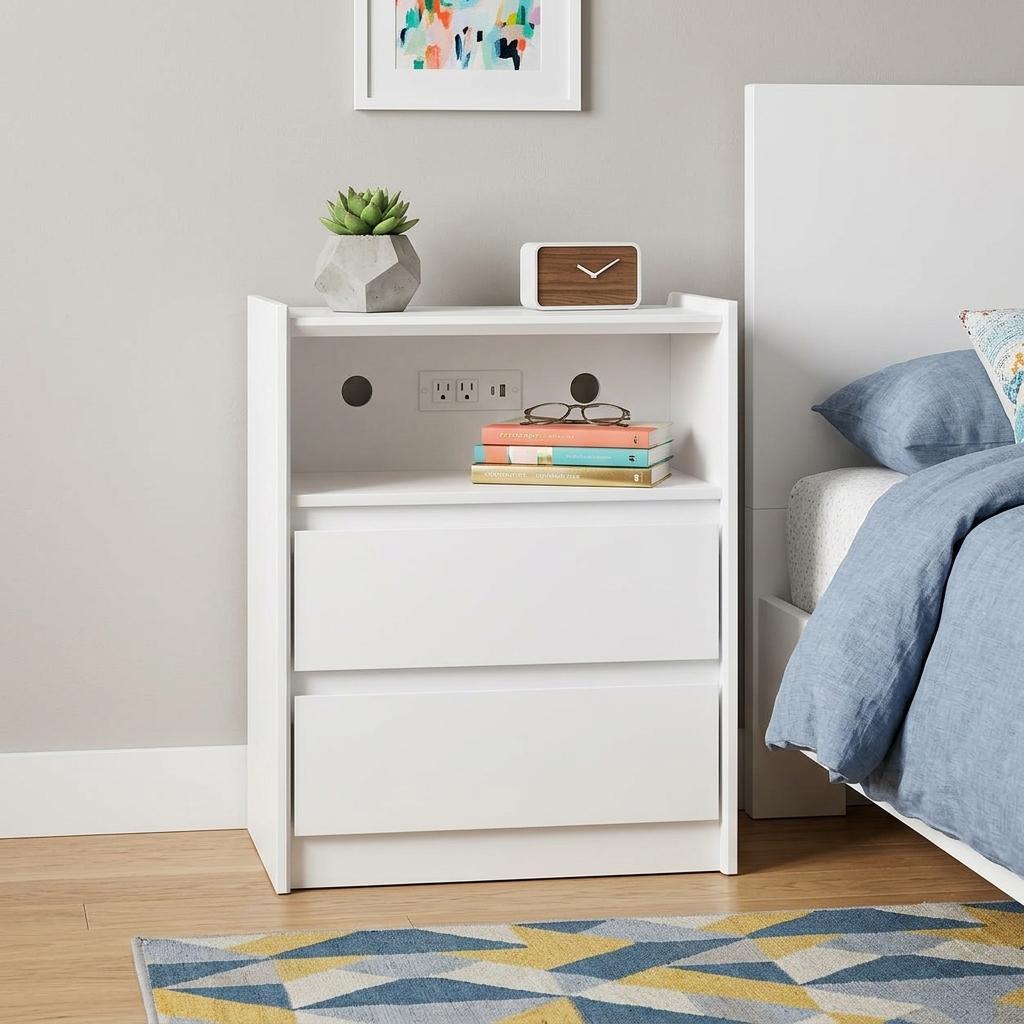 24" White Wood Two Drawer Nightstand with USB Port and Integrated Tech