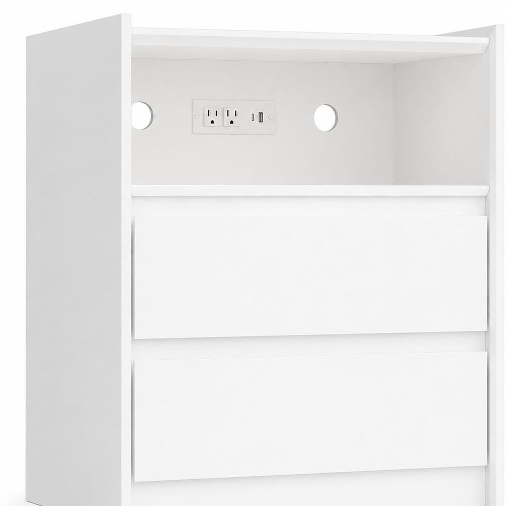 24" White Wood Two Drawer Nightstand with USB Port and Integrated Tech