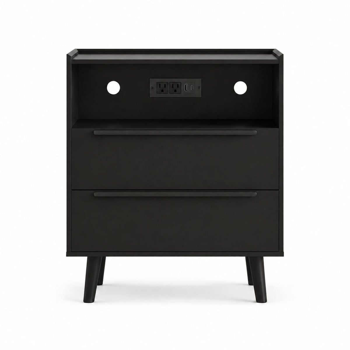 26" Black Wood Two Drawer Nightstand with USB Port and Integrated Tech