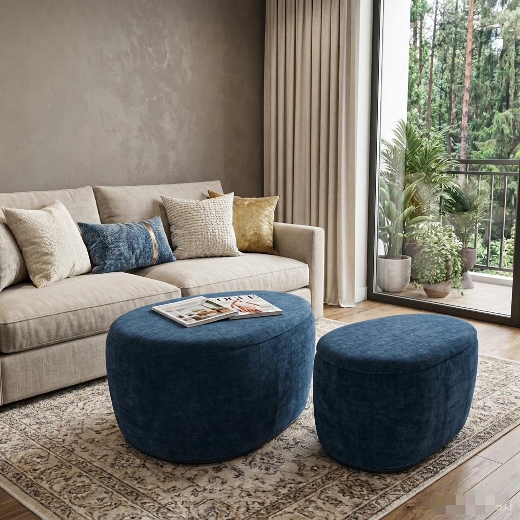 34" Set of Two Blue Chenille Round Ottoman With Storage