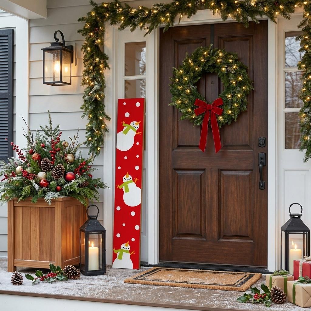 59" Red And White Solid Wood Snowman Porch Sign