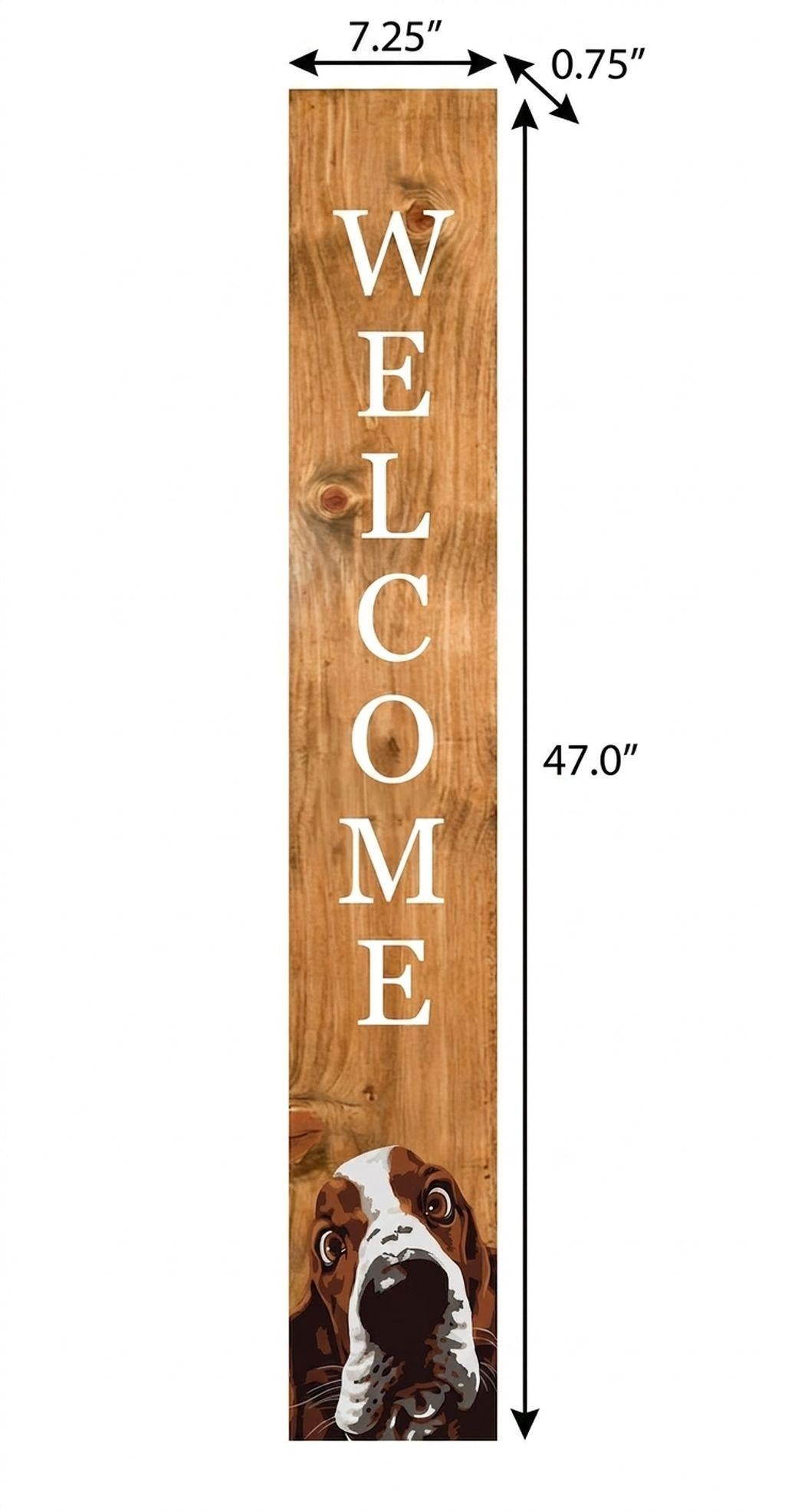 47" Natural And White Solid Wood Basset Hound Welcome Porch Sign