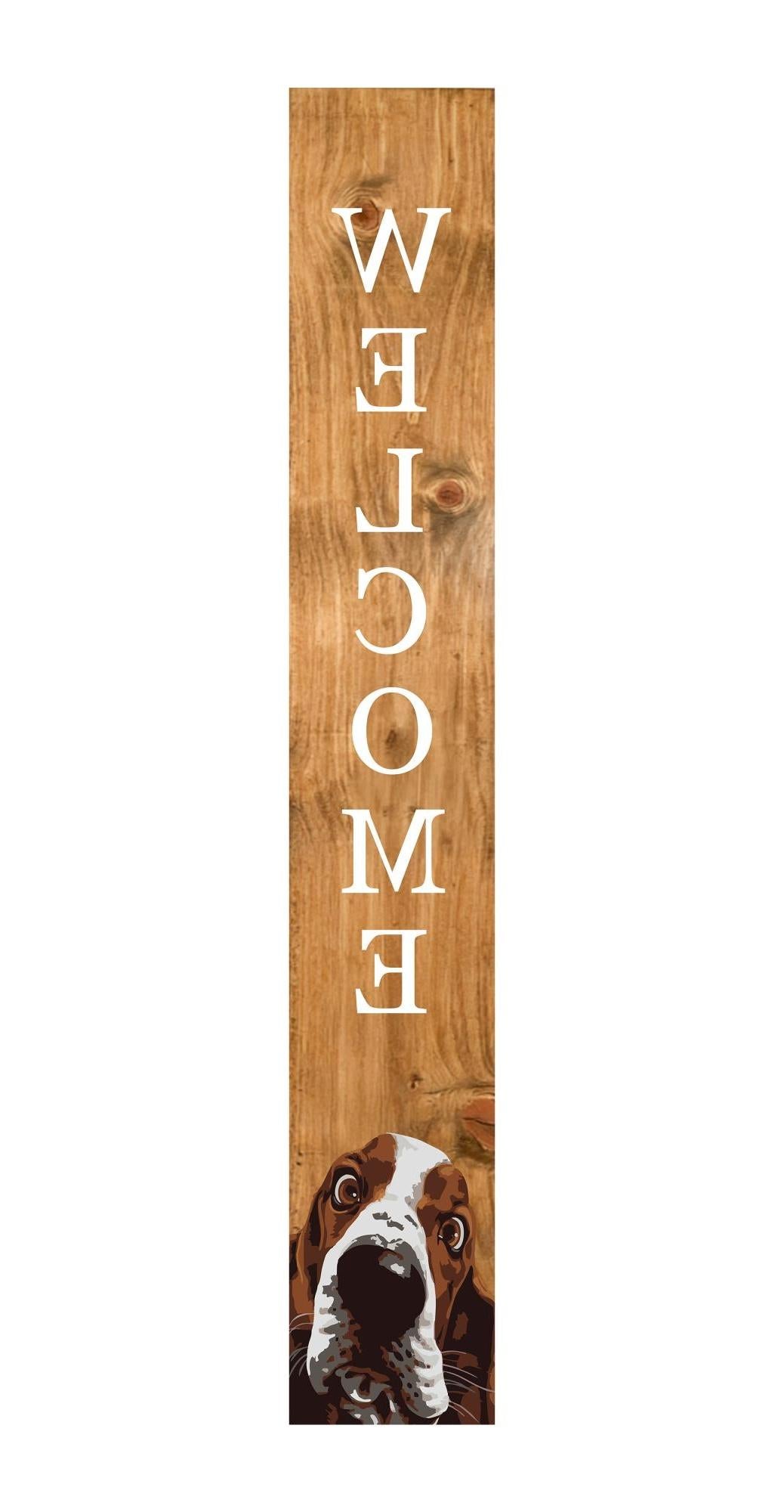 47" Natural And White Solid Wood Basset Hound Welcome Porch Sign