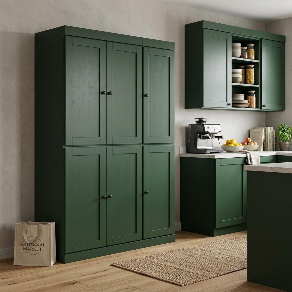 72" Green Solid Wood Six Door Two Drawer Pantry Or Storage Closet
