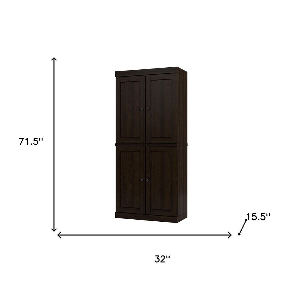 72" Espresso Solid Wood Four Door Pantry Or Storage Closet