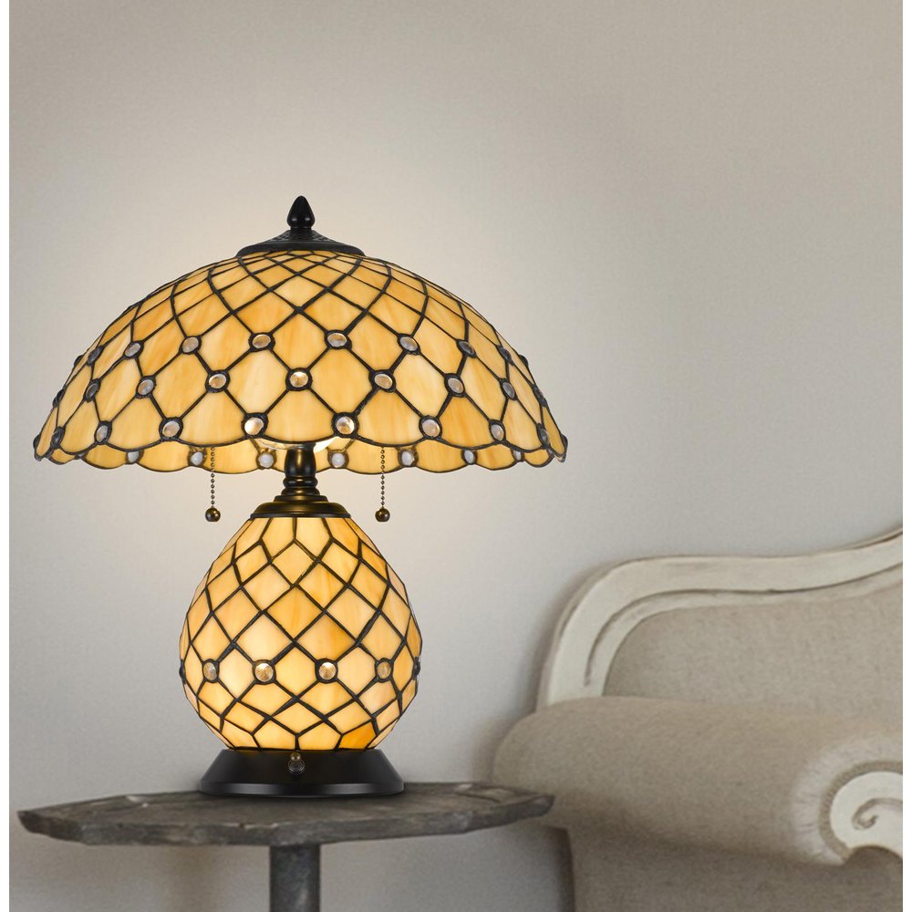 18" Black Two Light Round Tiffany Lamp With Dome Shade