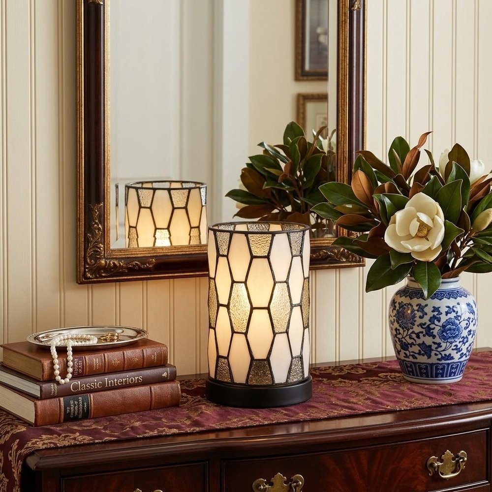 12" Bronze Abstract Tiffany Lamp With Cylinder Shade
