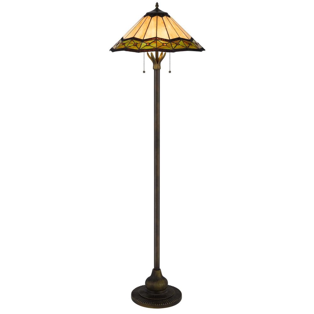 62" Bronze Metal Two Light Floor Lamp With Bone Green And Orange Abstract Tiffany Glass Empire Shade