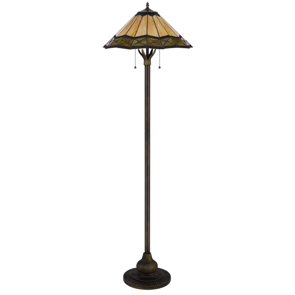 62" Bronze Metal Two Light Floor Lamp With Bone Green And Orange Abstract Tiffany Glass Empire Shade