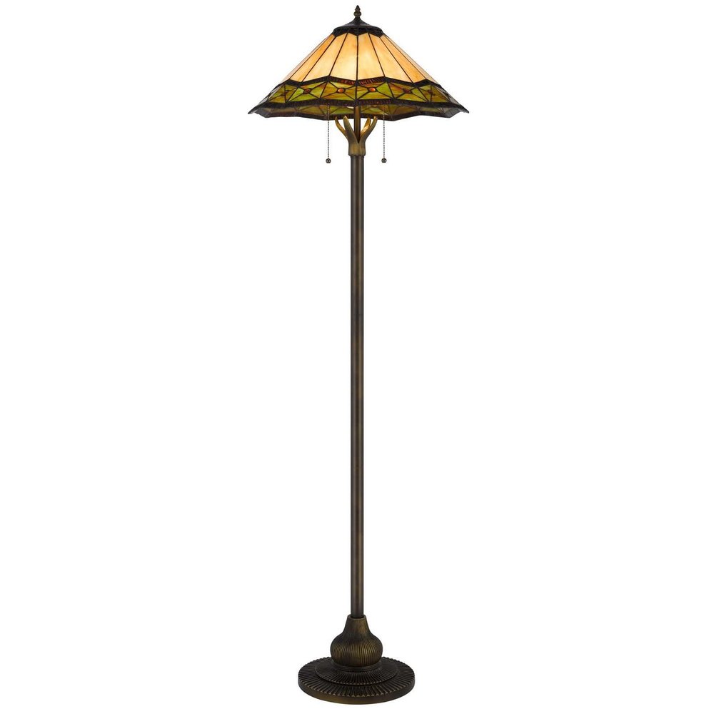 62" Bronze Metal Two Light Floor Lamp With Bone Green And Orange Abstract Tiffany Glass Empire Shade