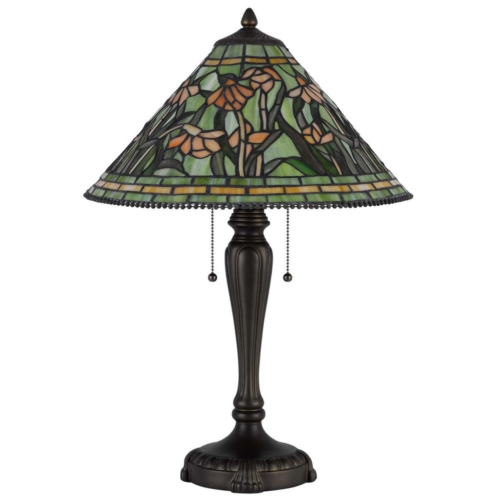 24" Bronze Flowers Two Light Round Tiffany Lamp With Dome Shade