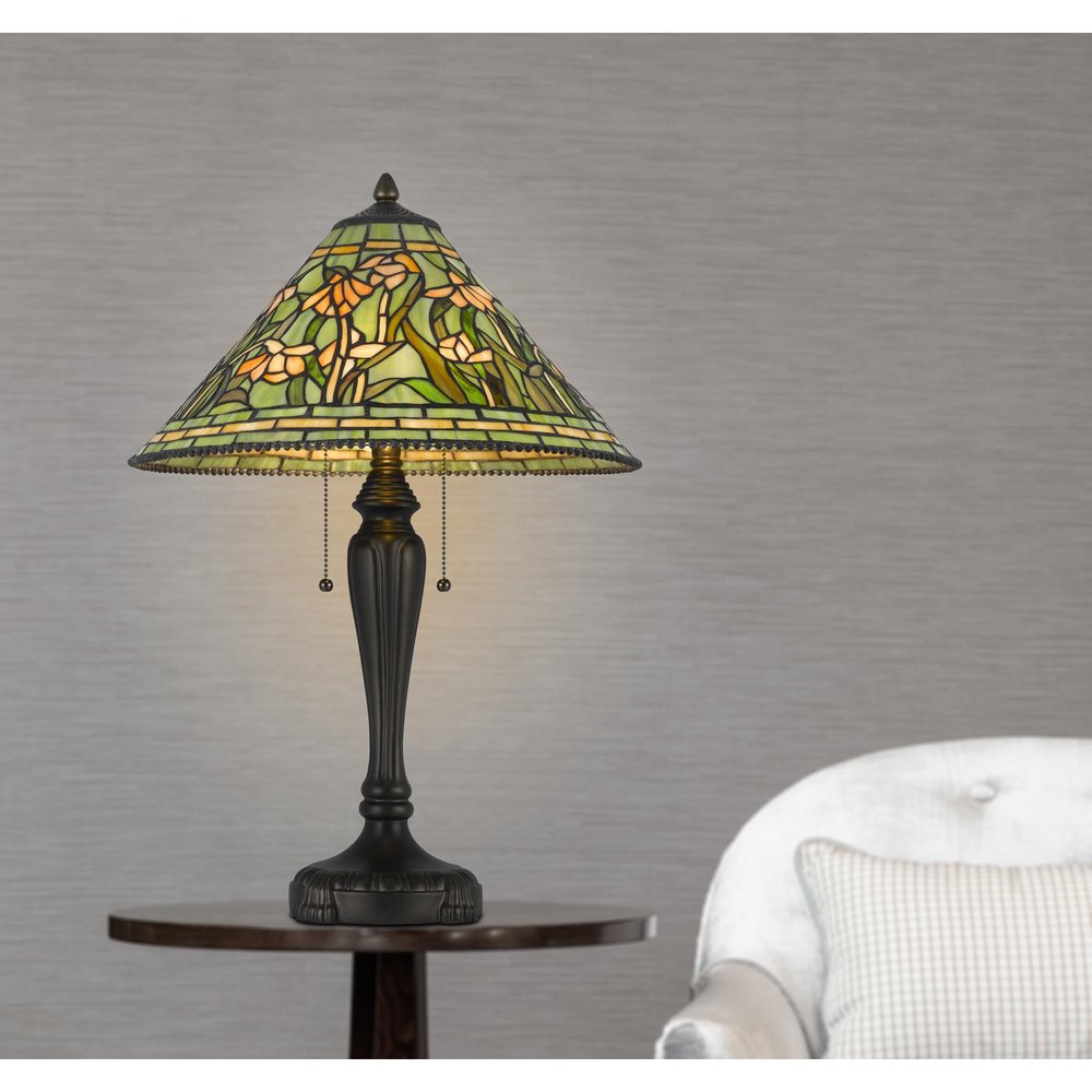 24" Bronze Flowers Two Light Round Tiffany Lamp With Dome Shade