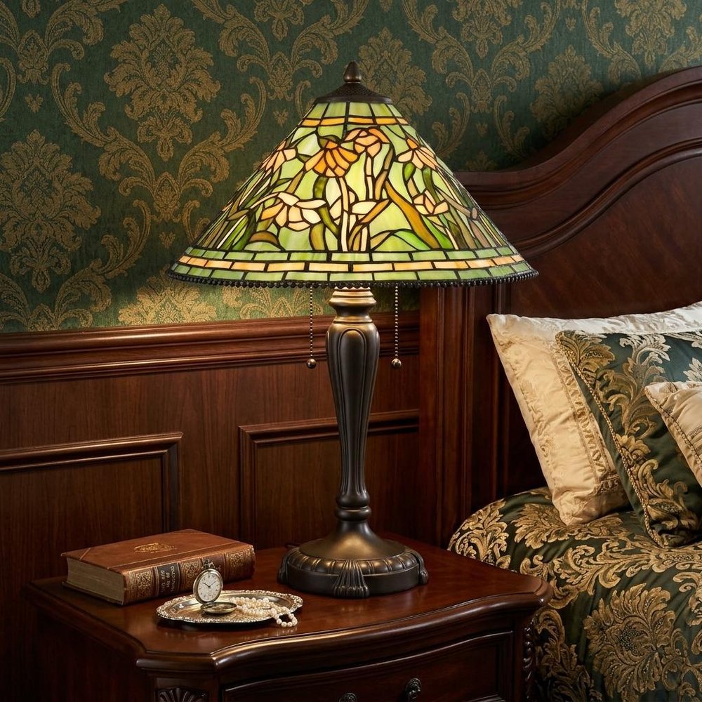 24" Bronze Flowers Two Light Round Tiffany Lamp With Dome Shade