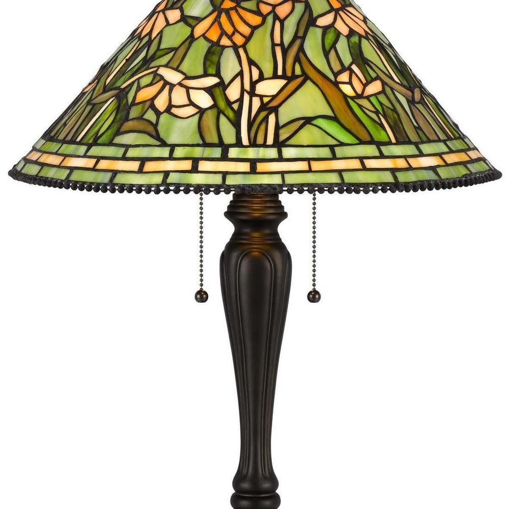 24" Bronze Flowers Two Light Round Tiffany Lamp With Dome Shade