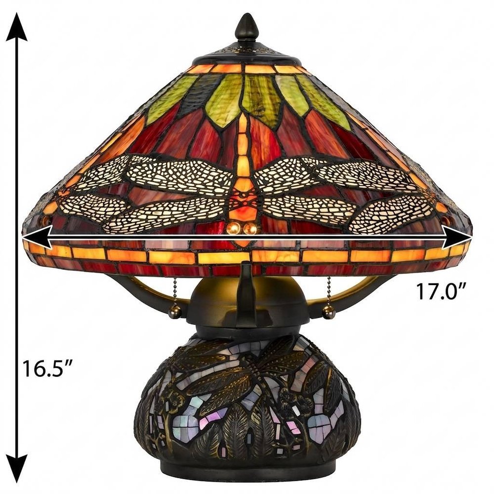 17" Bronze Dragonfly Two Light Round Animals Tiffany Lamp With Empire Shade