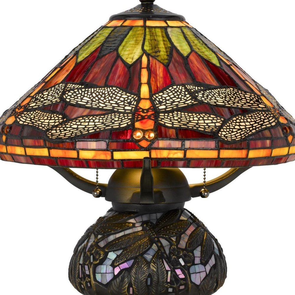 17" Bronze Dragonfly Two Light Round Animals Tiffany Lamp With Empire Shade