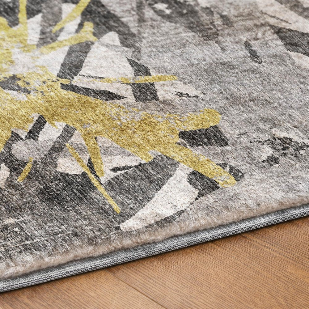 9' X 12' Yellow And Gray Abstract Shag Washable Area Rug With UV Protection