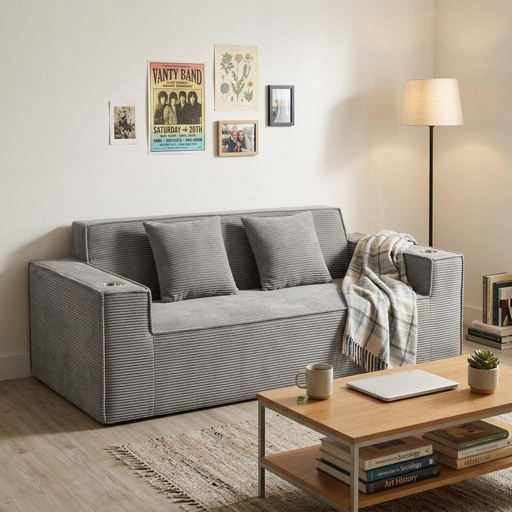 76" Gray Corduroy Loveseat and Toss Pillows