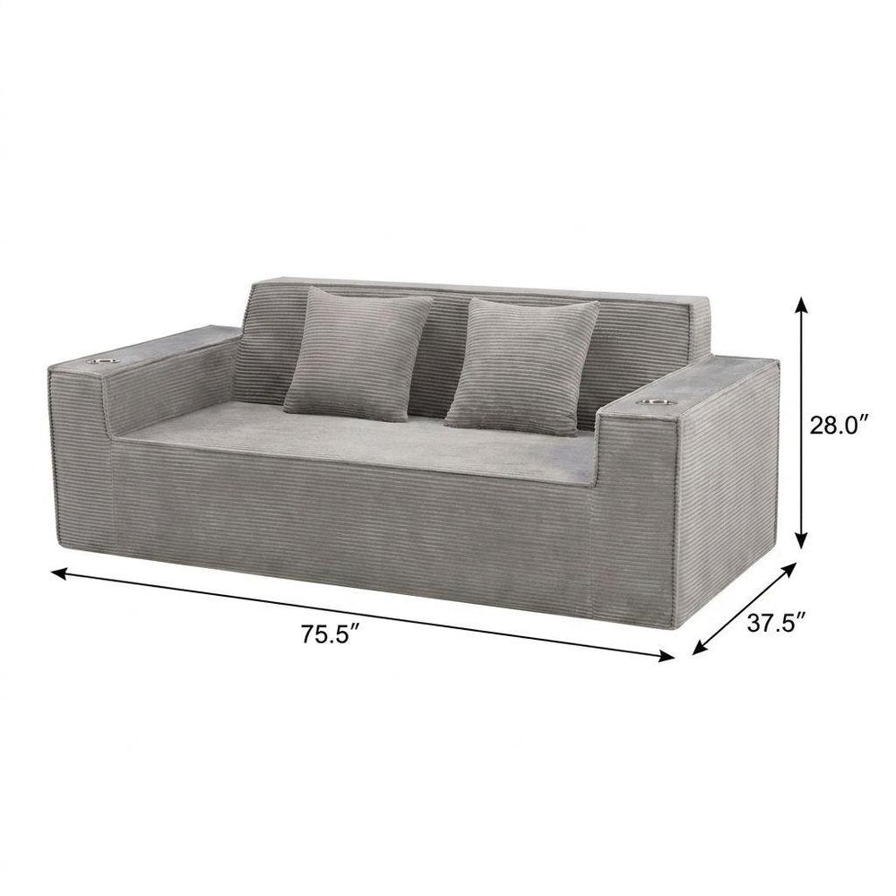 76" Gray Corduroy Loveseat and Toss Pillows