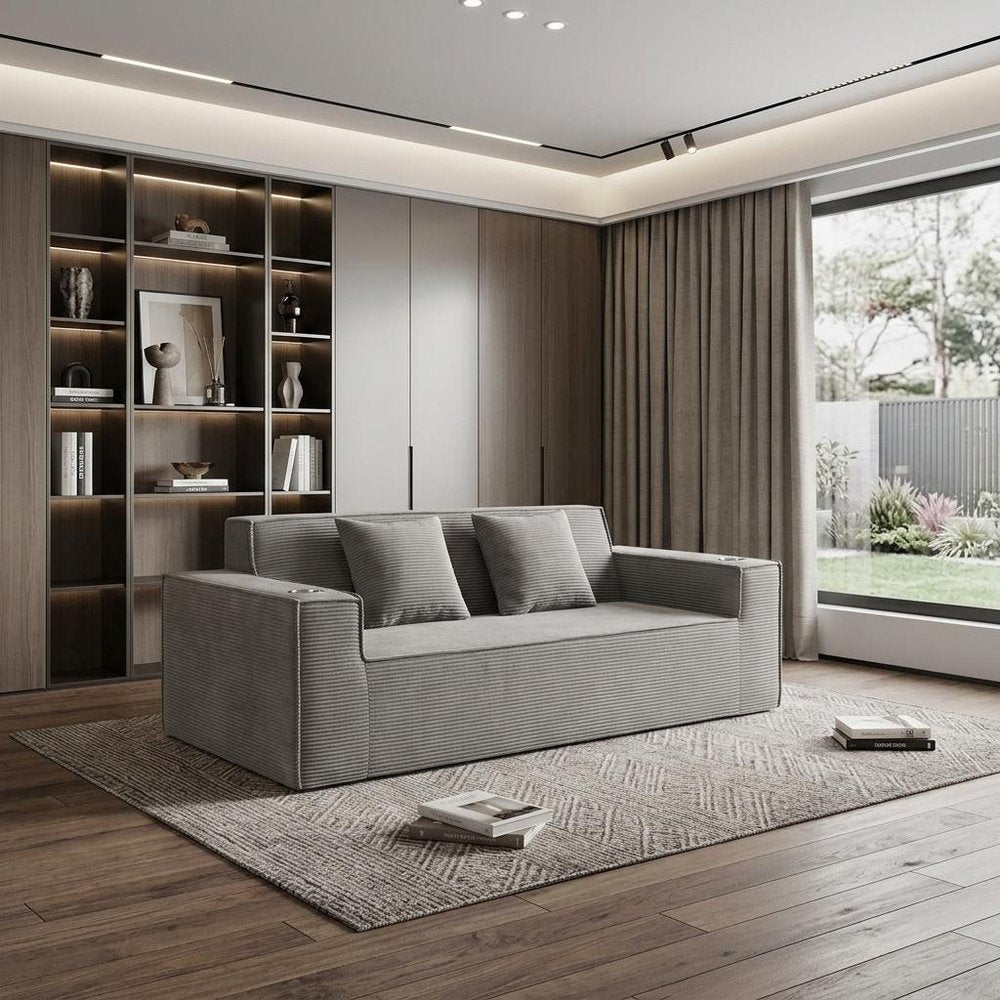 76" Gray Corduroy Loveseat and Toss Pillows