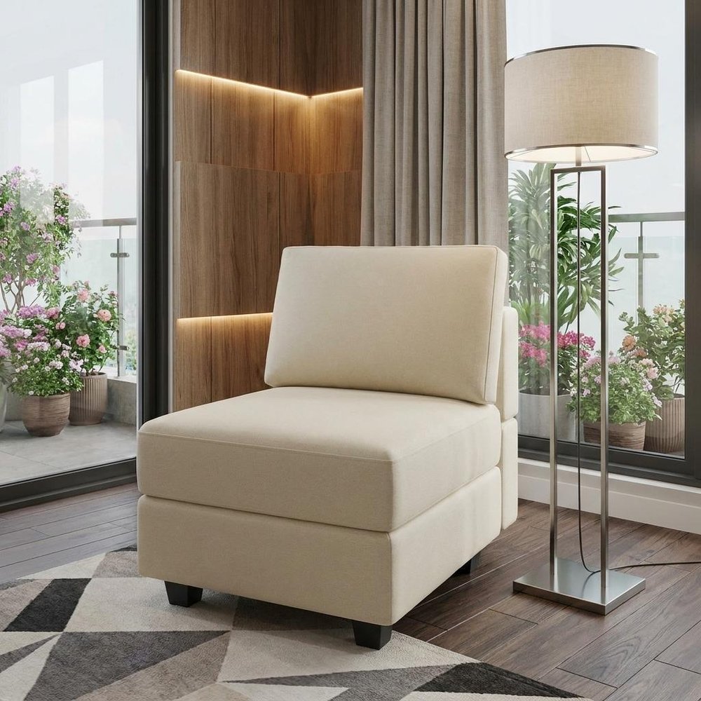 26" Beige Faux Leather Lounge Chair With Storage
