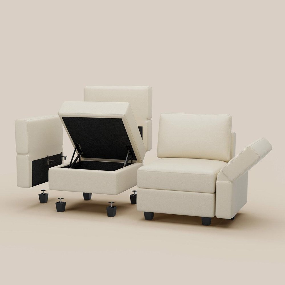 Beige Faux Leather Modular L Shaped Eight Piece Corner Sectional With Ottoman
