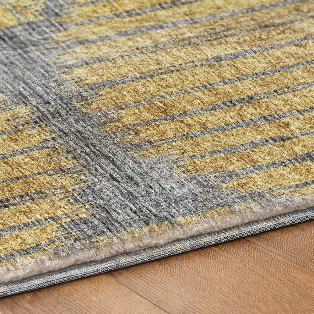 9' X 12' Yellow And Gray Geometric Shag Washable Area Rug With UV Protection