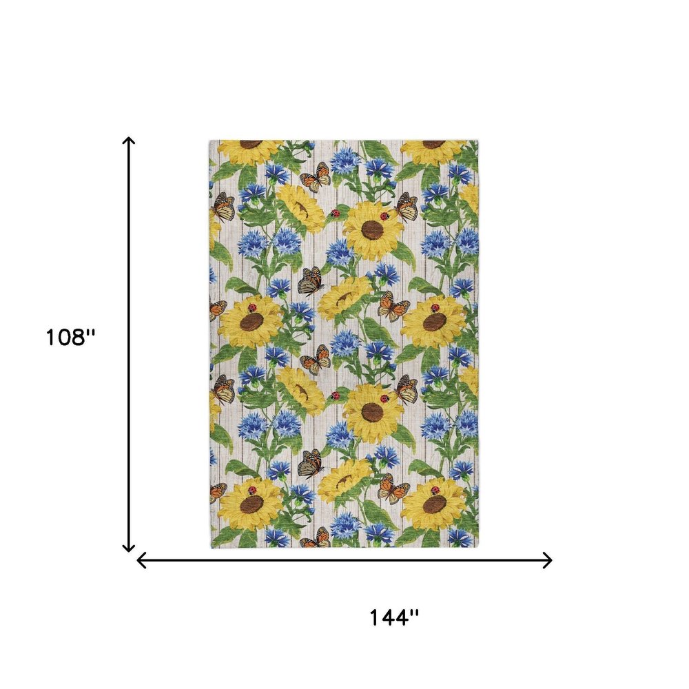 9' X 12' Yellow And Ivory Floral Shag Washable Area Rug With UV Protection